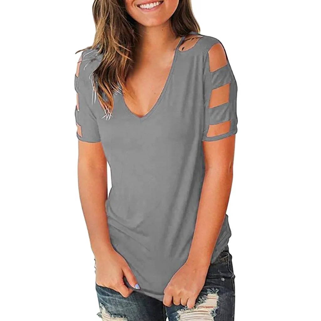 

Boho Clothing Women Lady's Loose Solid Short Sleeve Casual V-neck Blouse Openwork Hole Tops blusas mujer de moda 2019 haut femme