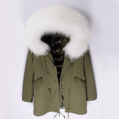 OFTBUY, пальто с натуральным мехом, зимняя куртка, Женская длинная парка, Воротник из натурального Лисьего меха, капюшон, подкладка из искусственного меха, Свободное пальто, ins, модная новинка - Цвет: green coat white fur