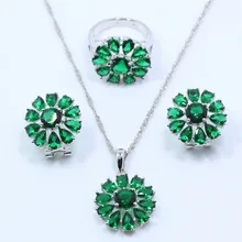 925 серебряные Для женщин комплект ювелирных изделий цветок зеленый zircon Серьги кольцо Ожерелья для мужчин Сеть бесплатно Подарочная коробка T21