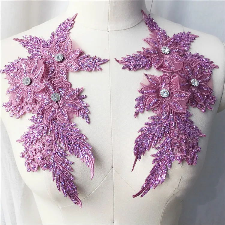 

2Pcs/Lot Spray Gold Decal Wedding Dress Tiara Sweater DIY Decorative Lace Patch Beaded 3D Embroidered Applique Silver Purple