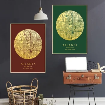 

Colored And Gold City Maps Atlanta United States of America Canvas Poster Wall Pictures for Living Room No Frame