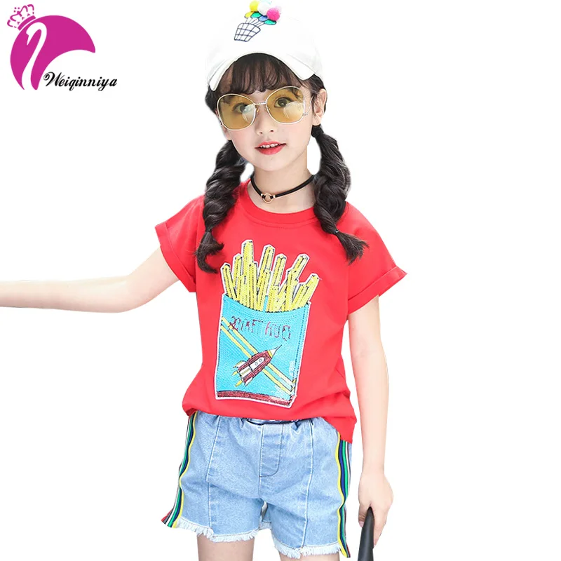 

Baby Girls Clothing Set Fashion Solid Cotton Tops Tees+Short Denim Pants 2 Pcs Suit Summer Cool Children Tracksuit Kids Clothes