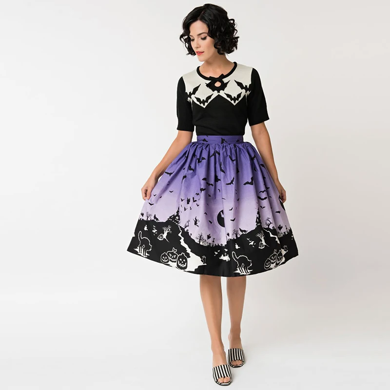 Женская плиссированная юбка миди с высокой талией Повседневная винтажная женская Юбка-миди с цветочным принтом женская одежда на Хэллоуин