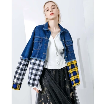 

Women Autumn Turn-down Collar Plaid Splicing Denim Jacket Single Breasted Long Sleeves All Matching Coat Blue FS0702