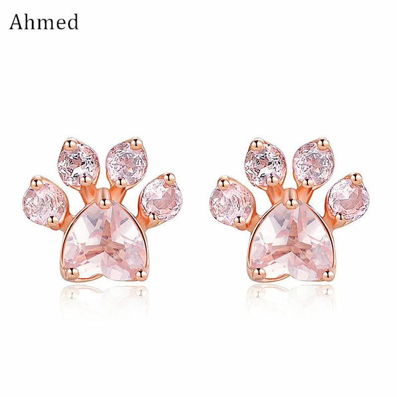 

Ahmed Charm Cute Bear footprints Stud Earrings for Women Fashion Pink Crystal Rose Gold Earring Jewelry Party Gifts Wholesale