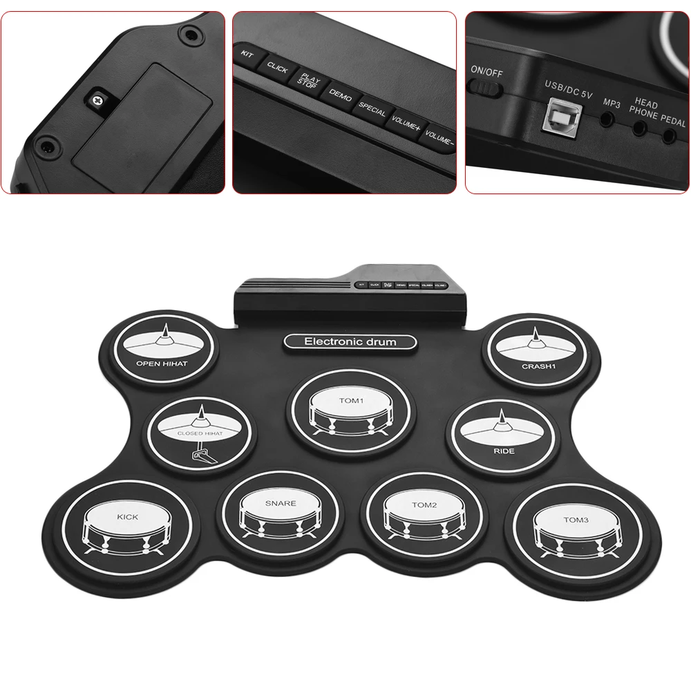 Digital Electronic Drum Set Portable USB Foldable Drum Kit 9 Silicon Pads with Drumsticks Foot Pedals for Beginner Children