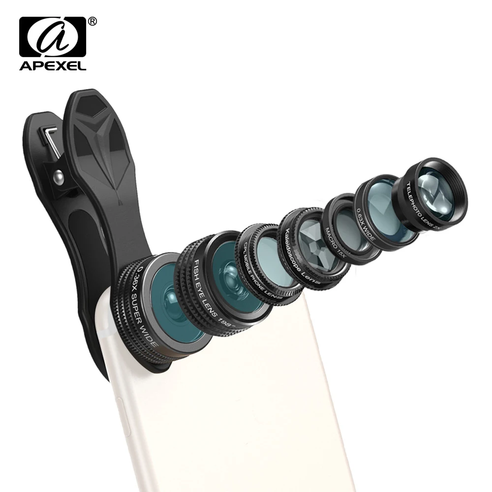 

APEXEL APL-DG7 7 in 1 Cellphone Lens Kit 0.36X Wide Angle Macro Lens 198 Fisheye Lens 2X Telescope Lens for Huawei Xiaomi Phone