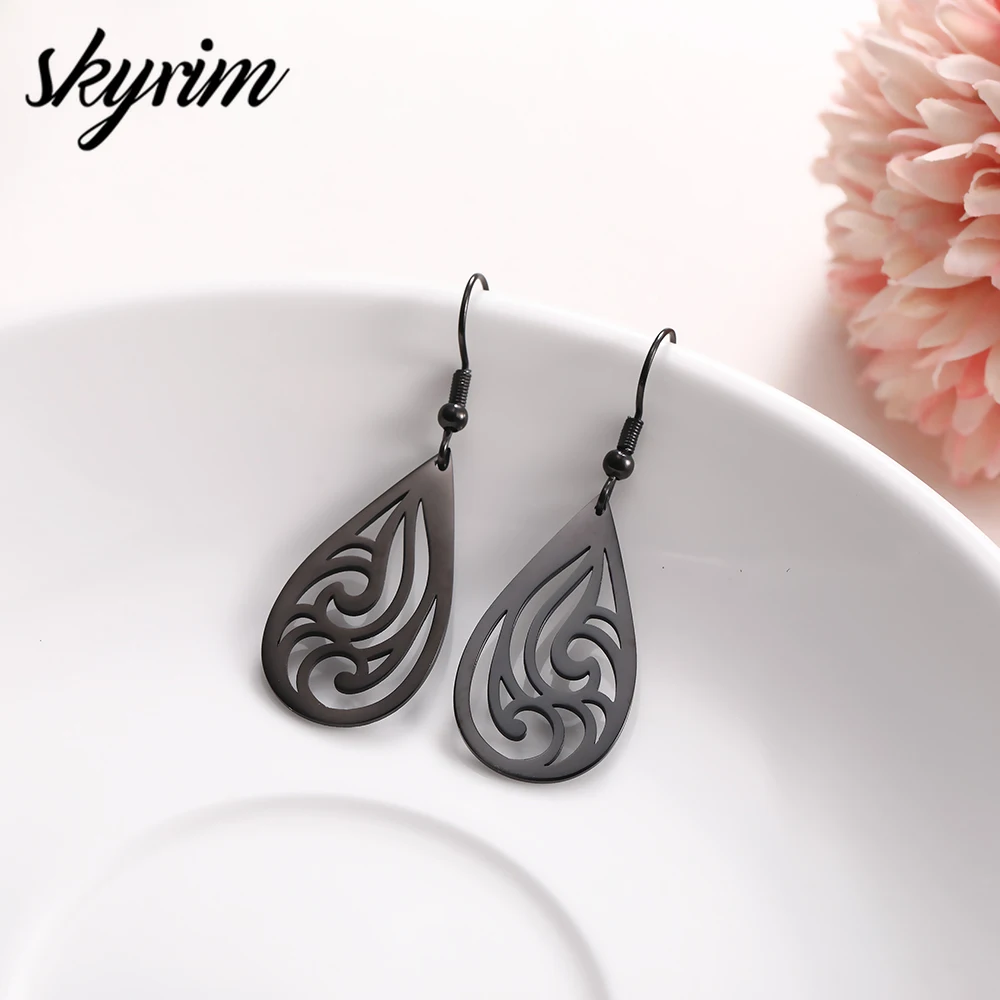 

SKYRIM Vintage Ethnic Dangle Drop Earrings for Women Stainless Steel Hollow Water Drop Pendant Female Party Wedding Jewelry