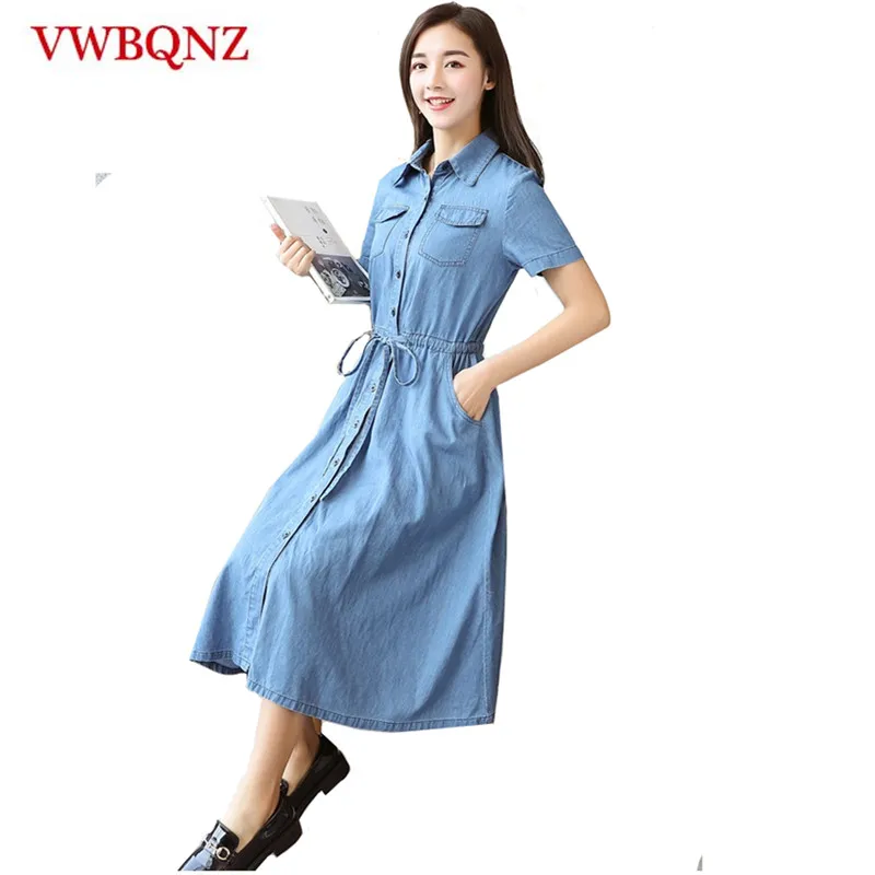 2018 Summer Women Jeans Dress Fashion Short Sleeve Pocket Vintage Lapel Denim Dress Girl Slim Thin A-Line Dress Casual Clothing