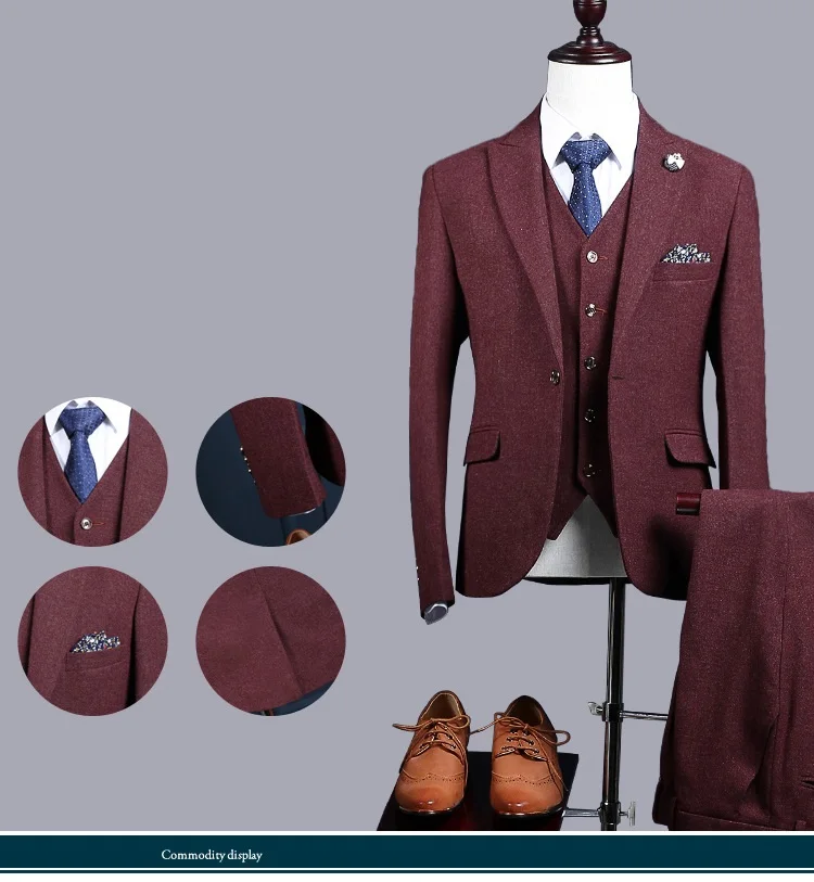 Куртка+ брюки+ жилет) Новое Брендовое вино красные мужские костюмы Slim Fit Свадебные Мужские костюмы пиджак блейзеры Жених выпускного вечера парадный смокинг костюм