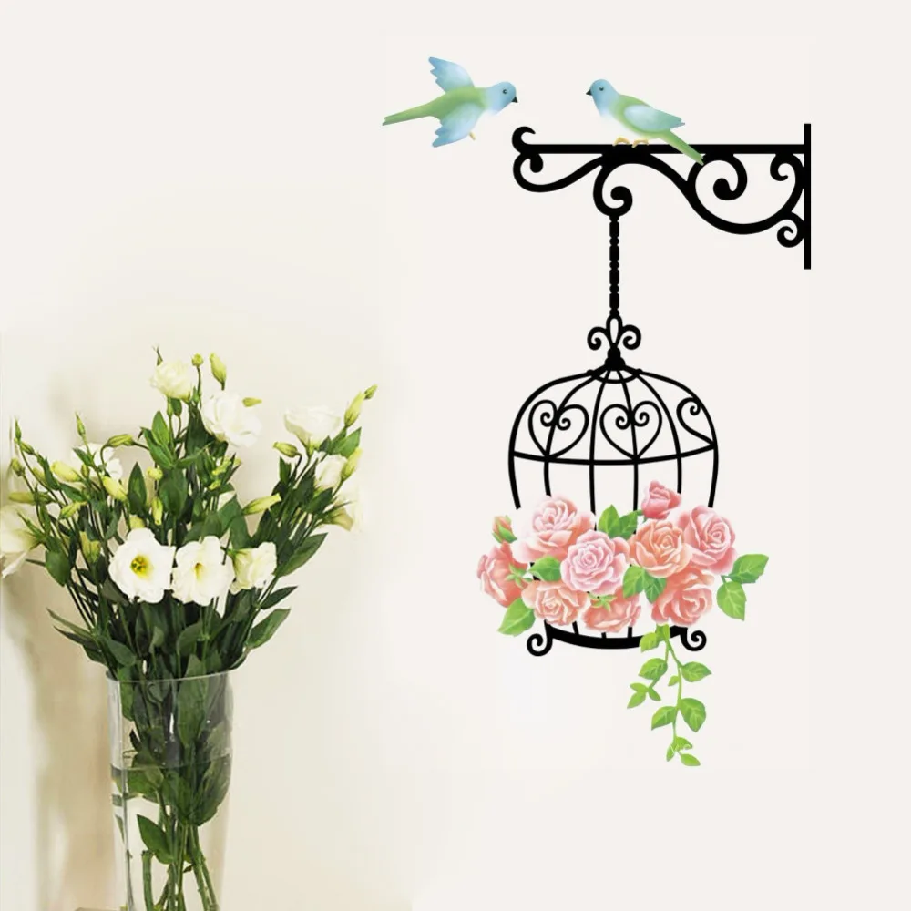 Cute Birdcage Birds Rose Flower Vines Mural Wall Stickers Vinyl Decal Kids Nursery Decor 616