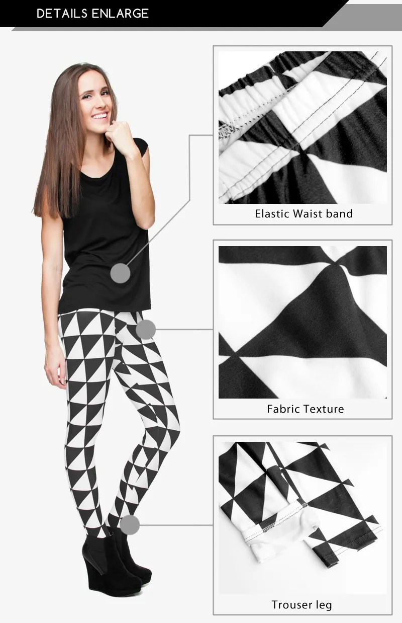 Черный, белый цвет треугольники Шут Леггинсы для женщин цифровой 3D шов печати полиэстер для модных платьев