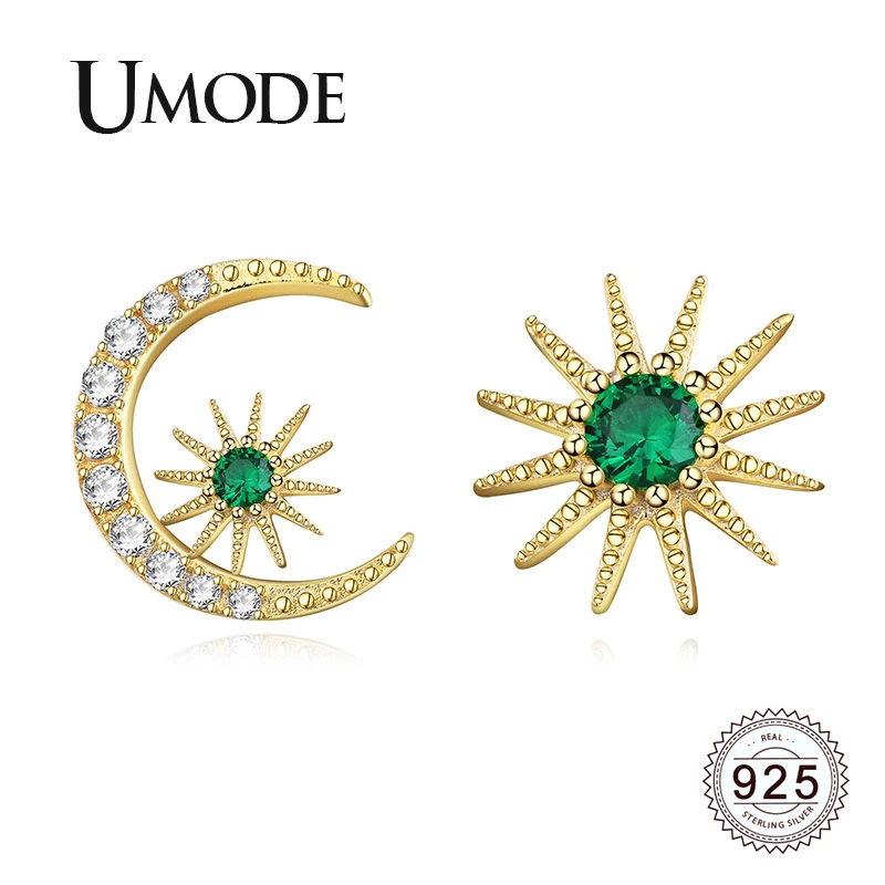 

UMODE Sun Moon 925 Sterling Sliver Earrings Green Cubic Zirconia Studs Earrings for Women Crystal Fashion Jewelry Gifts ULE0578