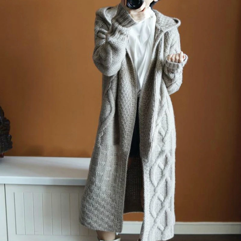 

Autumn winter New hooded coat Cashmere Cardigan Sweater women's Solid color Coat thick soft Cardigan fashion coat long