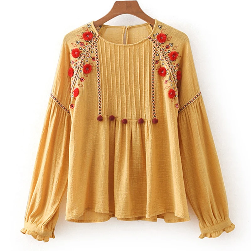 Vintage Yose Bordado Yellow Tops Manga Blusa Floral Khale 2019 Boho Mujer De Amarillo Larga Paginas Camisa Lino Hippie SYwxqf1