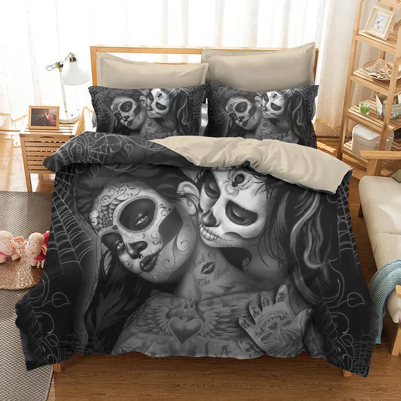 

Fanaijia Couple kissing sugar Skull Bedding Sets queen size 3D spider skull Duvet Cover set Bed bedline AU US size bedline