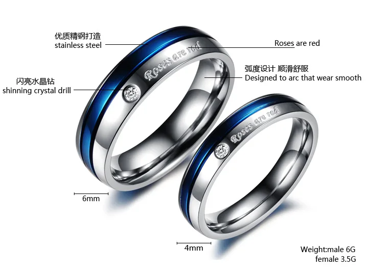 Fashion white blue Rhinestone super junior titanium steel couple rings his and hers promise ring sets free shipping