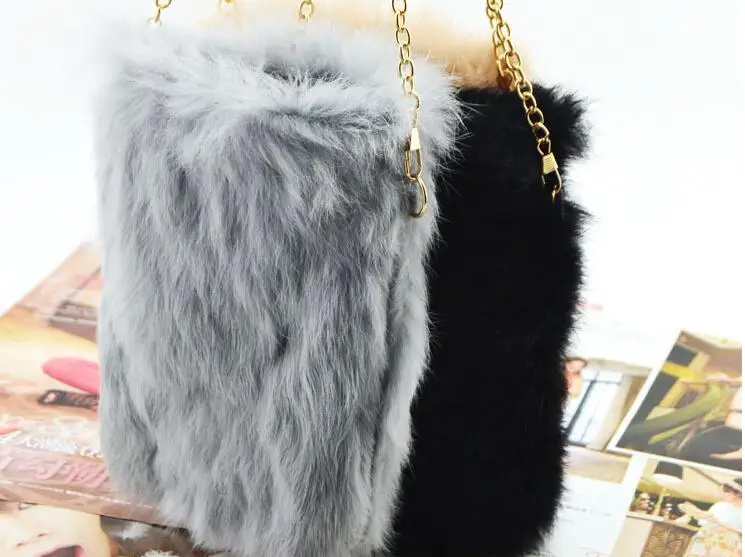 

2018 winter real rabbit fur lady's mobile phone bag