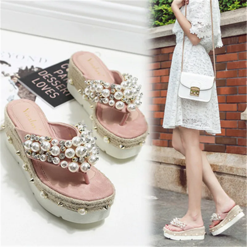 

European station rhinestone pearl high heel women's shoes new fashion clip foot wedge sandals and slippers sponge cake with thic