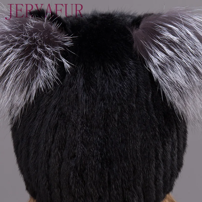JERYAFUR Winter Women's Mink Hat Vertical Weaving Hat Genuine Natural Fox Mink Fur Cap Lovely Cat Ears Style Hats 6