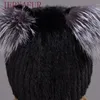 JERYAFUR Winter Women's Mink Hat Vertical Weaving Hat Genuine Natural Fox Mink Fur Cap Lovely Cat Ears Style Hats 6