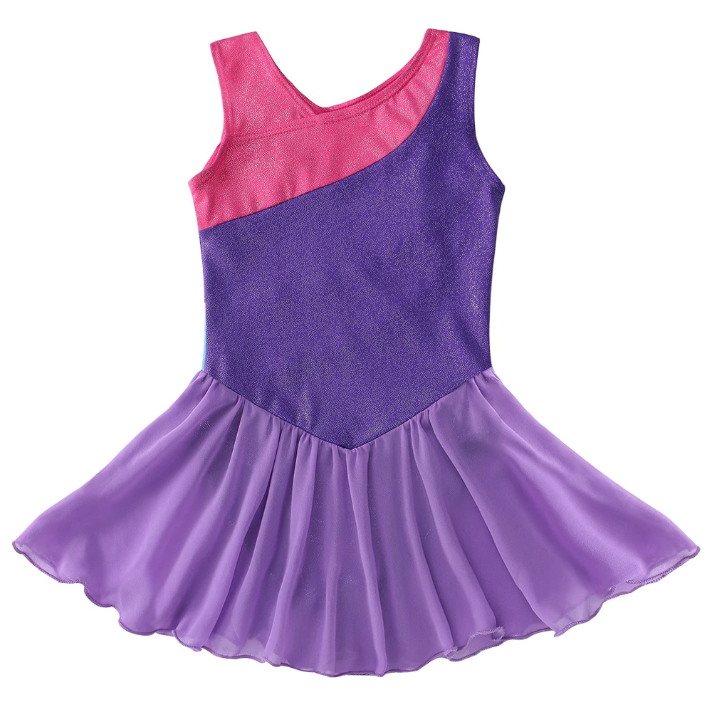 Для девочек; платье для бальных танцев; костюмы с коротким рукавом фиолетовый полосатый фатин юбка костюм для балета, танцев Одежда гимнастический купальник, платье-пачка для девочек