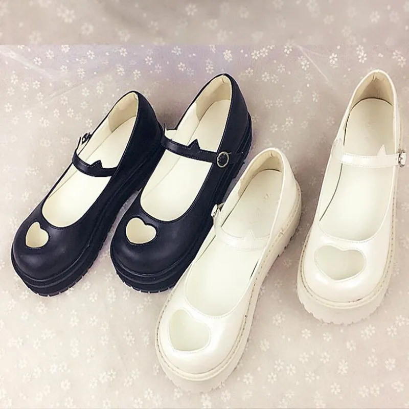 

Cosplay JK Uniform Lolita Shoes Japanese Sweet Girls 2 Color Love Hollow Bowknot Cute Heavy-Bottomed Round Head Women Shoes Cos