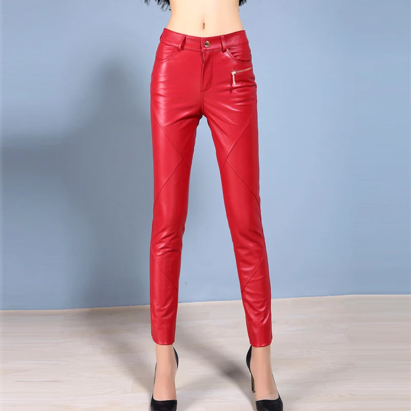 

Skinny Genuine Leather Pants Women's Spring Autumn Close-fitting Sheepskin Leather Pants OL Show Slim Leggings Pants Of Boots