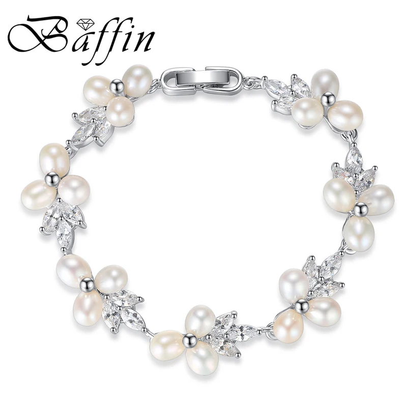 

BAFFIN Natural Pearl Bracelets for Women Silver Color Link Chain CZ Crystal Flower Bridal Wedding Jewelry Bracelets & Bangles