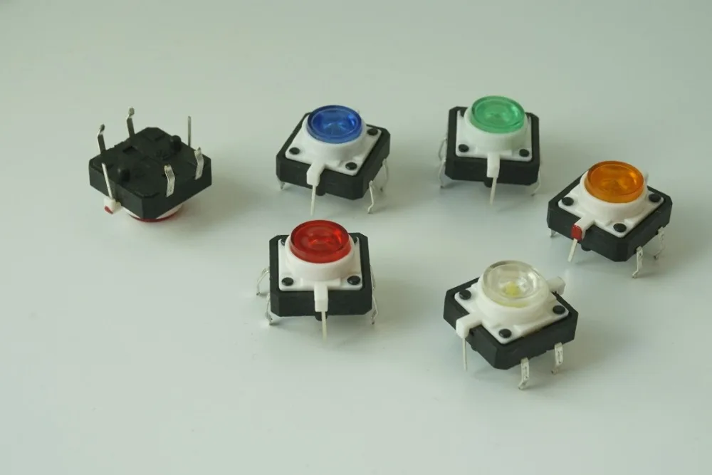 100 шт. переключатель с подсветкой 12x12x7,3 мм зеленый, красный, желтый, синий, белый светодиодный Кнопка сброса нормального открытия вертикального сквозного отверстия PCB