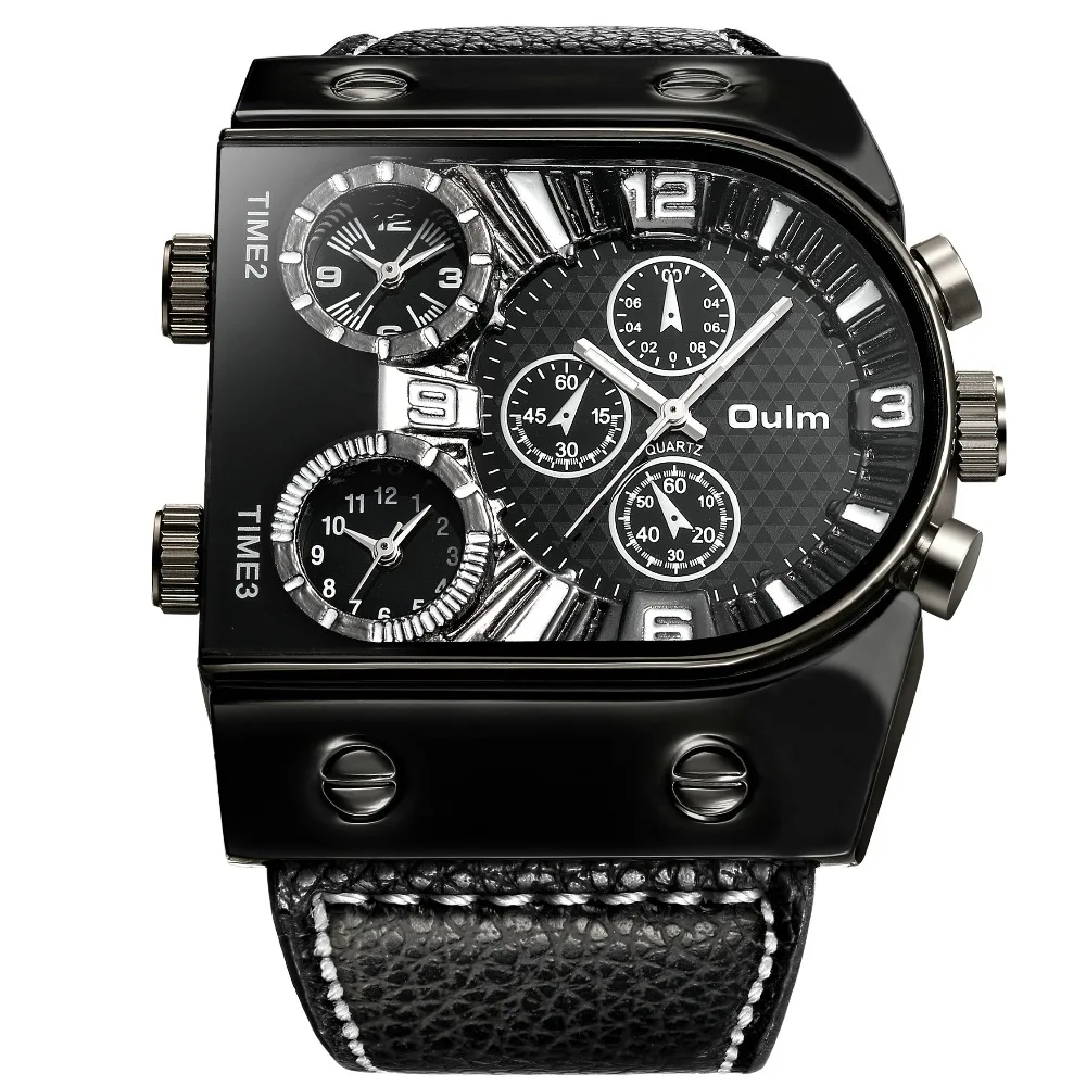 OULM Sport Watch Men Quartz Analog Clock 3 Time Zone Sub dials Design
