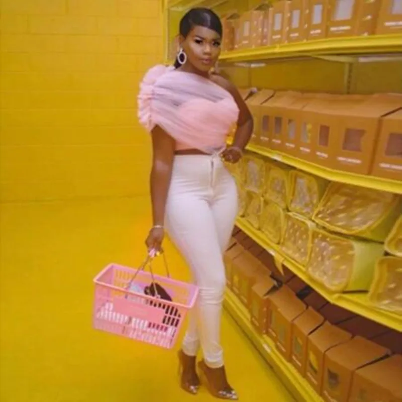 

2019 Newest Sweet Pink One Shoulder Half Sleeves Tulle Top Custom Fashion Casual Skirts All Size