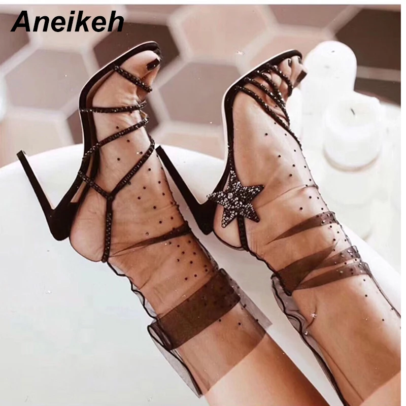 

Aneikeh 2019 Summer Ladies Sandals Suede Pointed Rhinestones High Heels Open Toe With Roman Style Stiletto Sandals Women Shoes