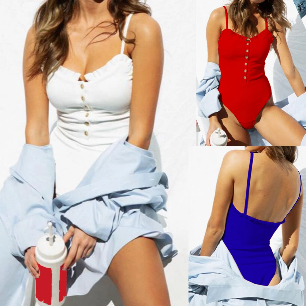 

Sexy Swimwear Women Bandage 2019 One Piece Swimsuit Button Solid Maillot De Bain Femme Push Up Monokini Beach Bathing Suit