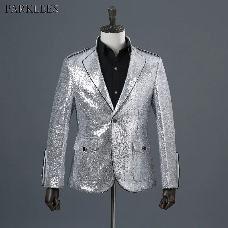 Shiny Silver Sequin Glitter Suit Blazer Men 2018 Fashion Slim Edge