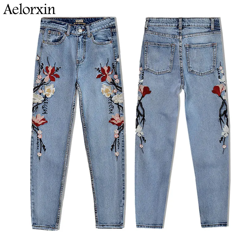 Aelorxin джинсы с высокой талией женские 3D английские цветы вышивка с обеих сторон девять брюки хлопковые Джинсы бойфренда для женщин