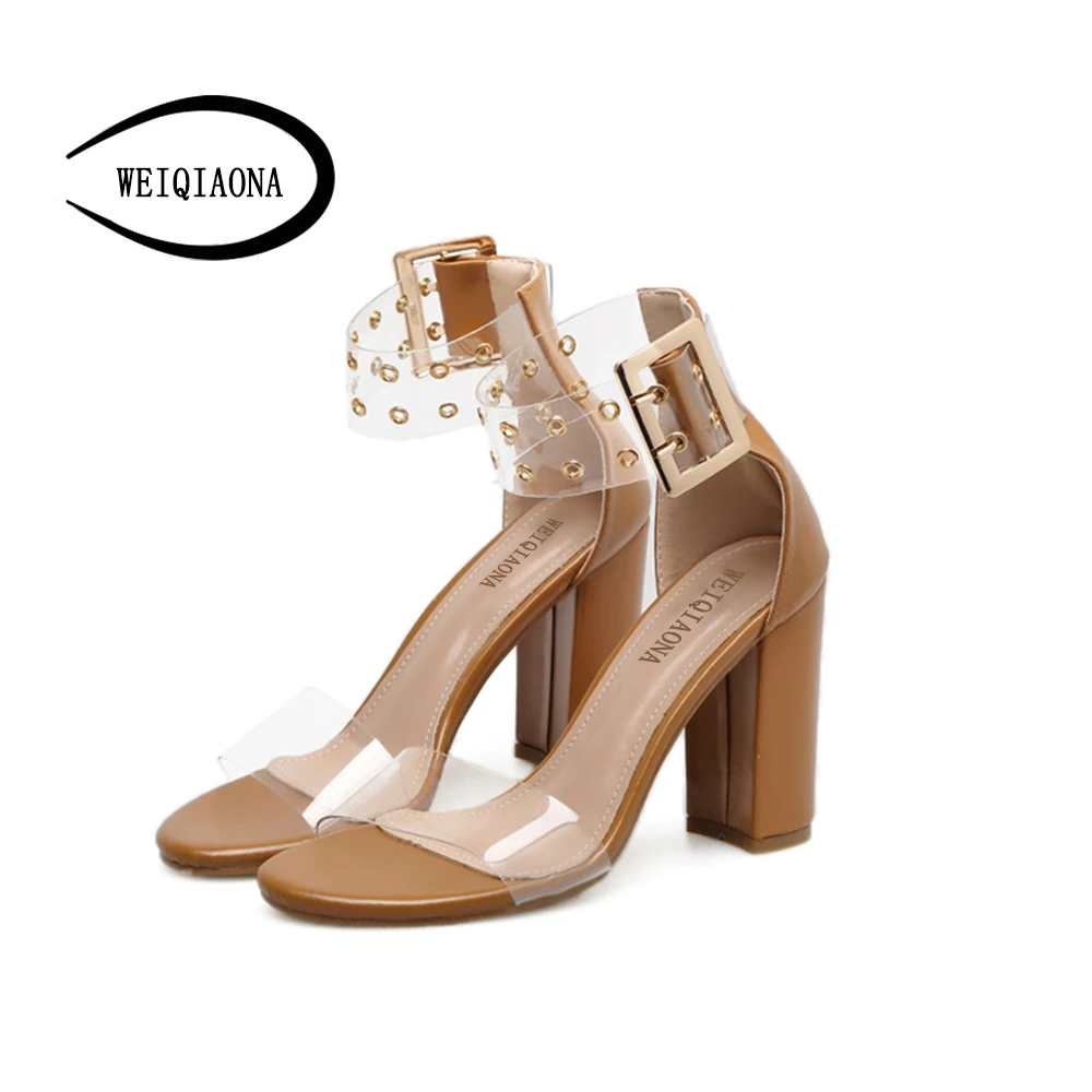

WEIQIAONA Summer Sandals Chunky heels Transparent rivet metal buckle Sandals Women Shoes Sandals Heels fashion Ladies shoes