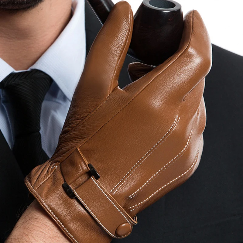 Genuine Leather Gloves Male Wrist Buckle Sheepskin Gloves Winter Keep Warm Touch Screen Driving Man's Mittens MLZ102