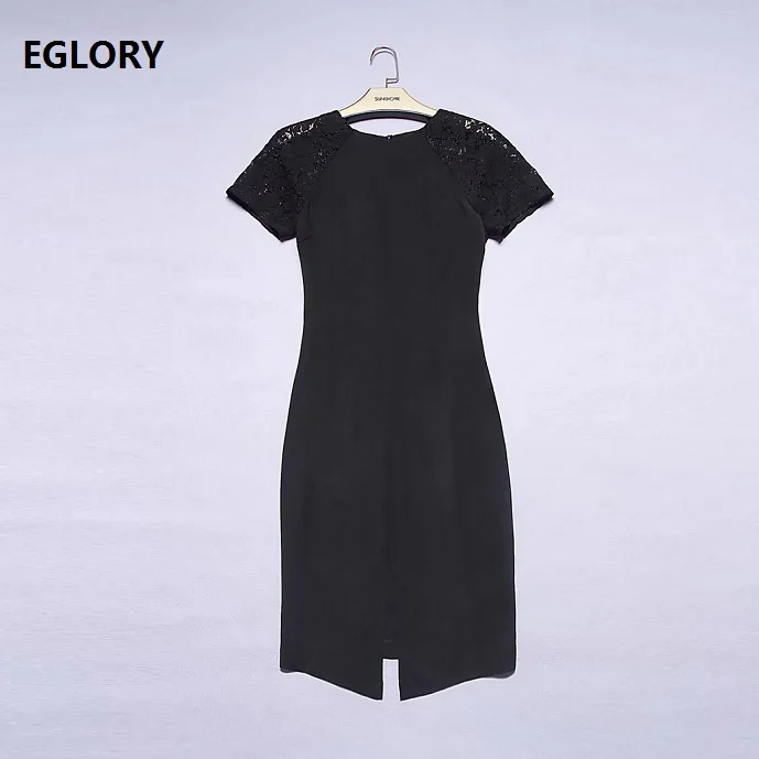 Vestido del Remiendo del cordón Nueva Oficina de La Manera Femenina 2017 Del Verano Hueco fuera de Encaje de Manga Corta Delgado Equipada Negro Midi Vestido XXL mujer