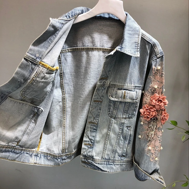 discount 2019 Denim Jacket Women Embroidery Three Dimensional Flowers Pearl Bead Short Denim Coat Woman Jean