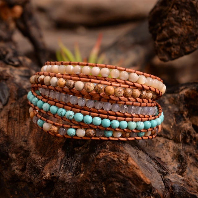 Bijoux à la mode 5 brins de pierre naturelle 4mm, Bracelet enroulé en cuir  fait à la main, livraison directe - AliExpress