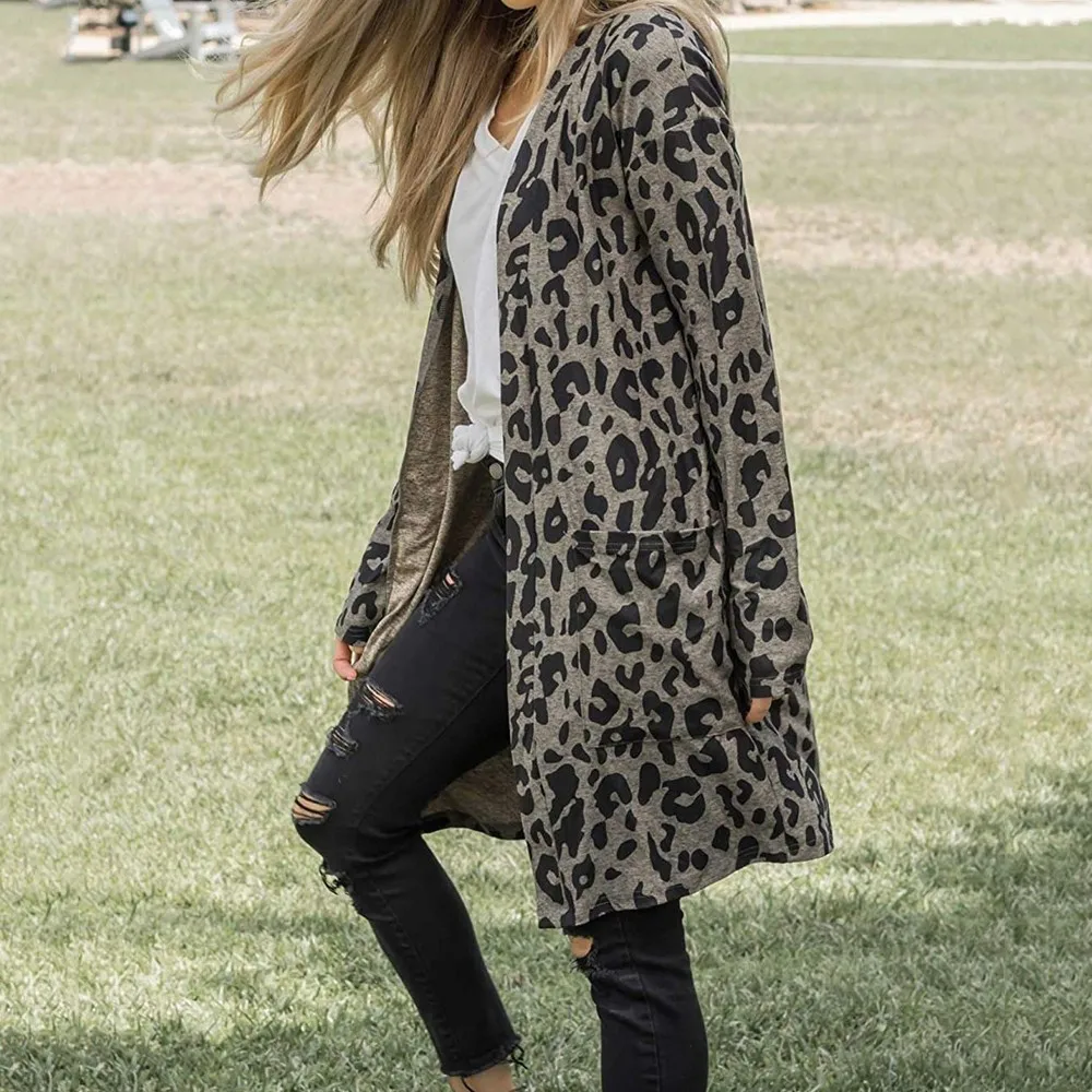 Женская мода Леопардовый принт длинный рукав карман пальто Блузка Кардиган Топ#1022 A#487