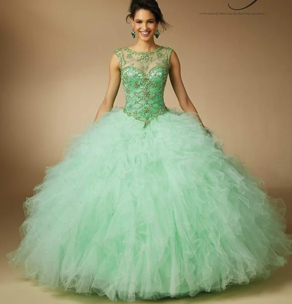Summer 2016 Sweet 16 Year Pink Mint Green Color Sheer Summer 2016 Sweet 16 Year Pink Mint Green Color Sheer Quinceanera Dresses Lace Up Beaded Top Ruffles Layered Prom Gown In From