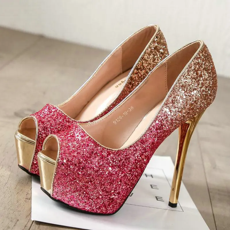 Woman Wedding Party Shoes 14cm Ladies Thin Heels Pumps Platform Sexy open Toe Bling Bling Gradation super High Heels Shoes VV-06