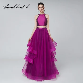 

New Arrival 2 Pieces Crop Top Evening Dresses with Tulle Ruffles Skirt Long A-line O-Neck Zipper Back Prom Party Gowns L3172