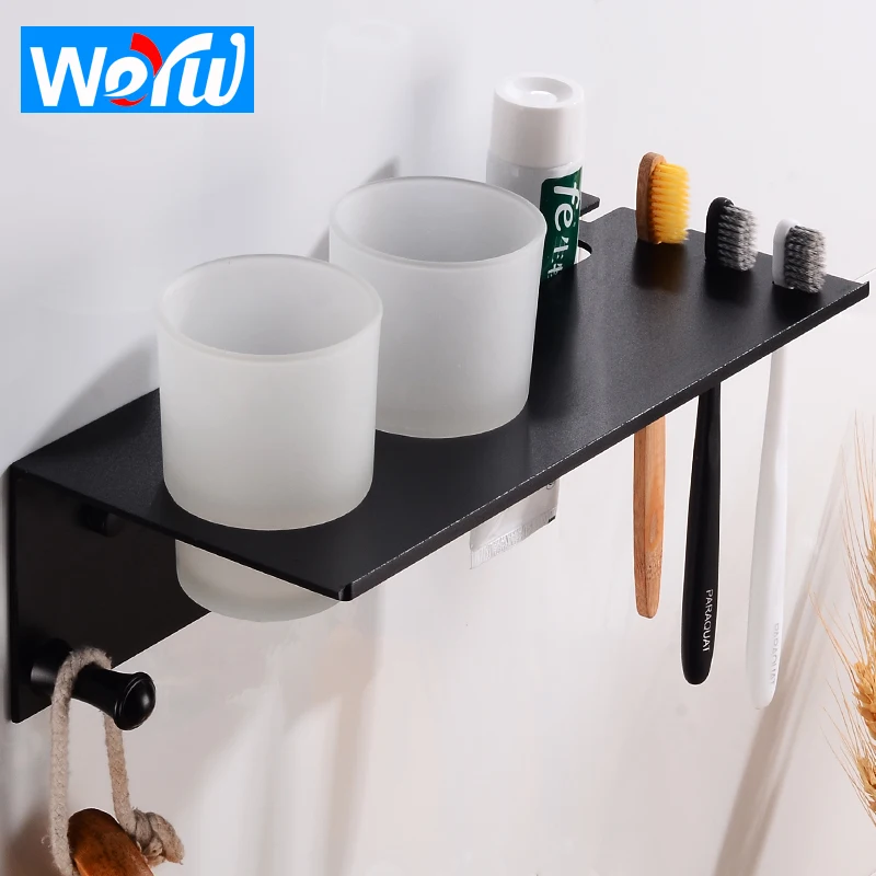 New Black Space Aluminum Wall Mounted Toothbrush Holder with Single Ceramic Cups