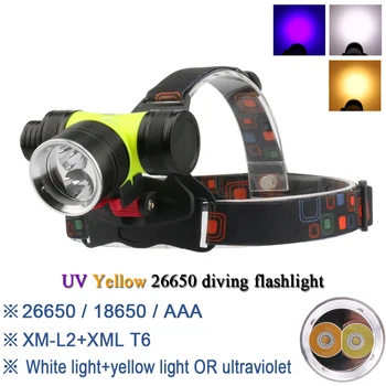 

Yellow white light waterproof led headlight diving head lamp head torch Dual light source cree xml t6 l2 headlamp 26650 or 18650