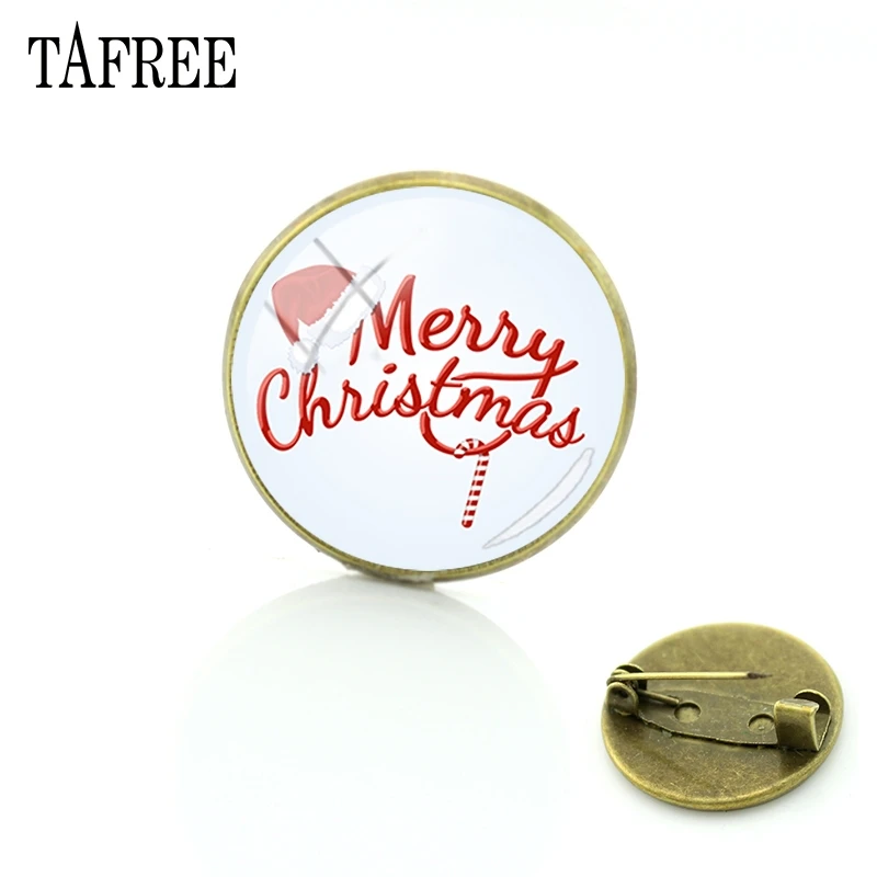 

TAFREE Merry Christmas Brooches Simple Bronze Plated Pins round glass cabochon dome gem Badge man women Fashion Jewelry CM192