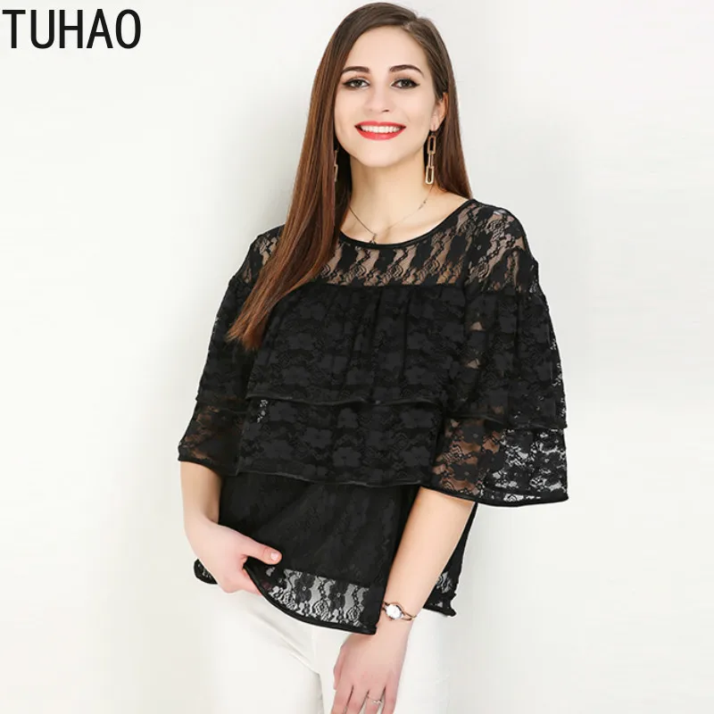 TUHAO размера плюс 7XL 6XL 5XL Блузка Летняя женская однотонная кружевная блузка с