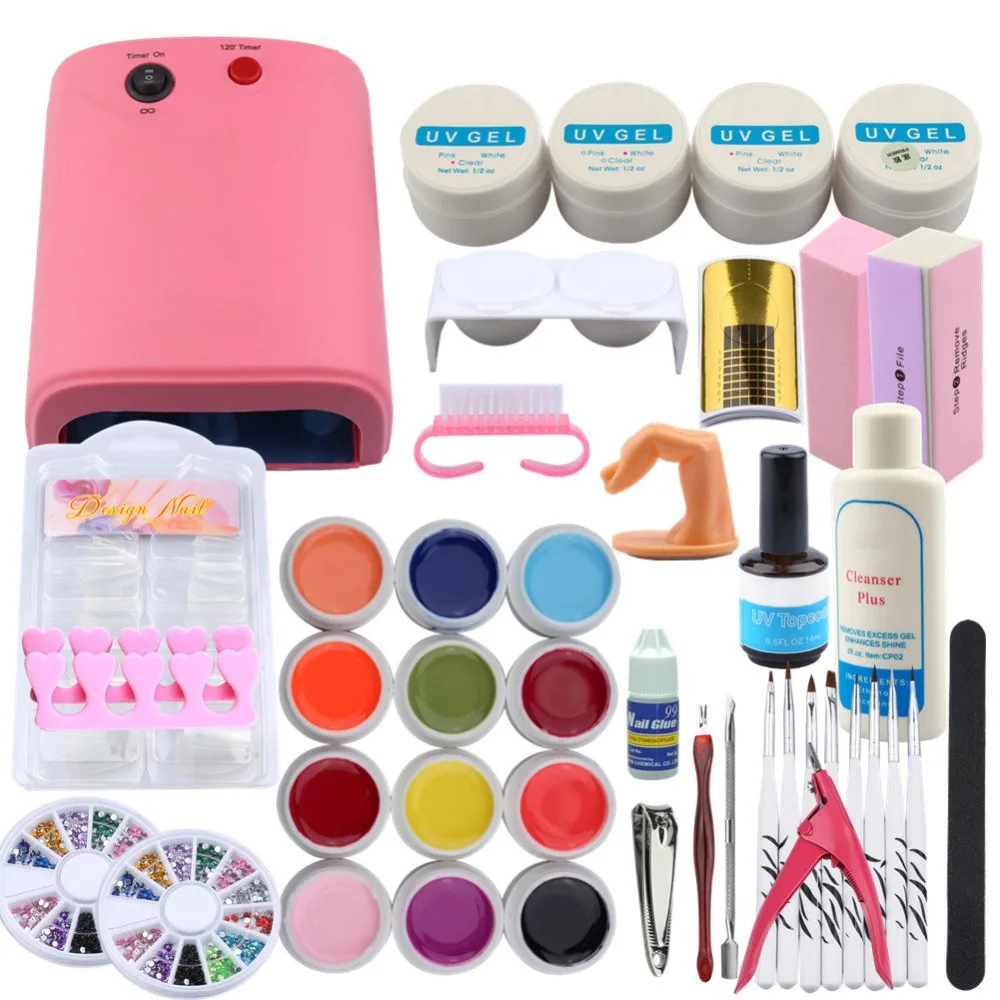 

Pro Manicure Set 36W UV Lamp With 12Color UV Gel Nail Kit Fales Tips Nail Art Buffing Block Nail Extension Kit For Nails Gel Set
